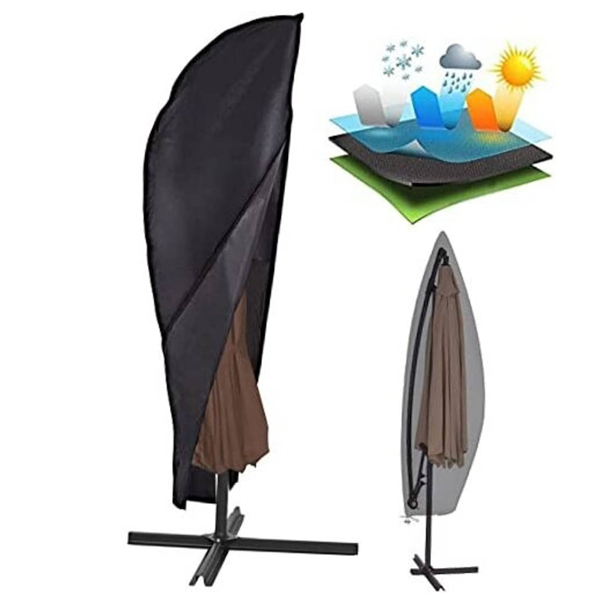 Black cantilever patio umbrella cover draped over the frame, angled for easy fitting
