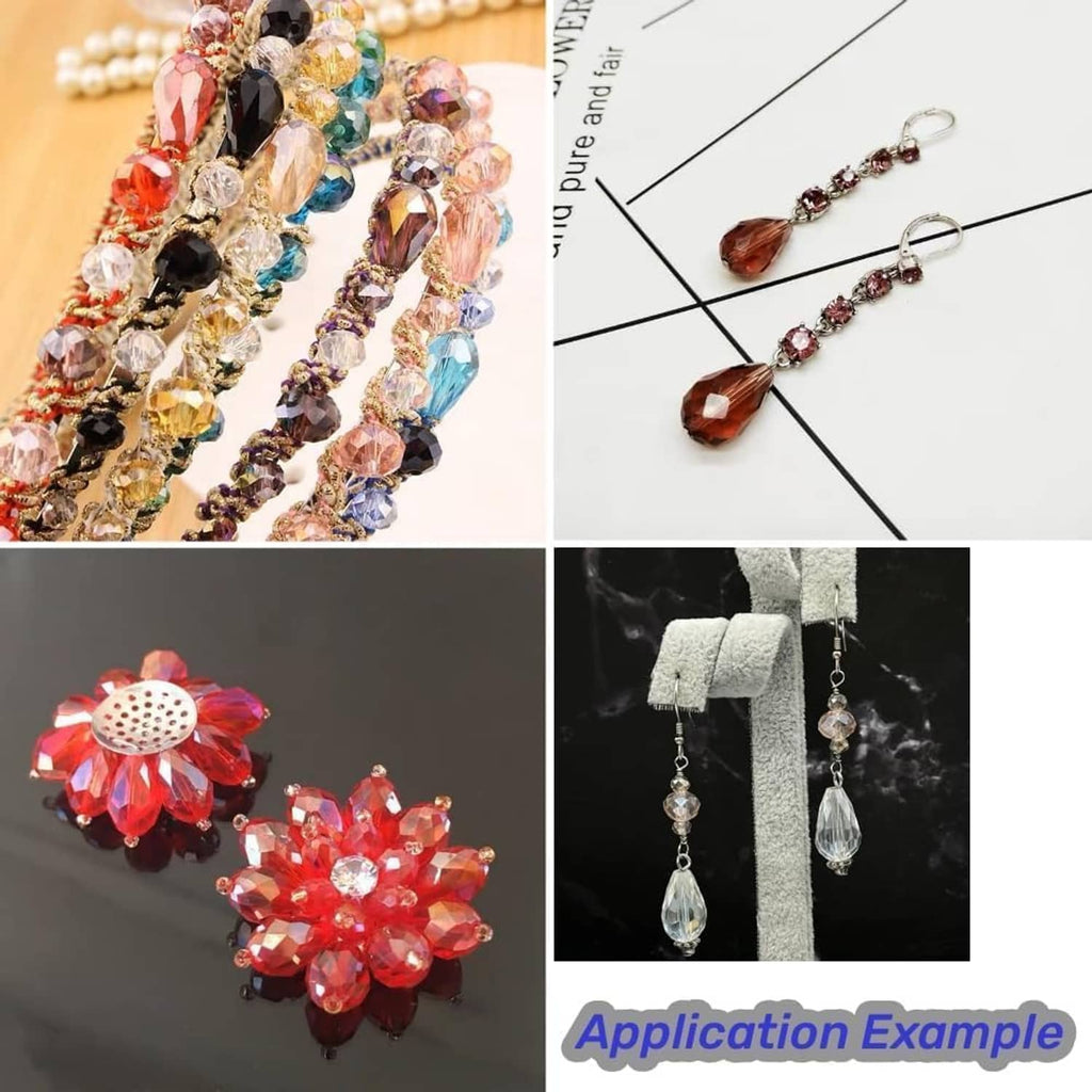 Beaded jewelry set with faceted teardrop crystals, including earrings and necklaces