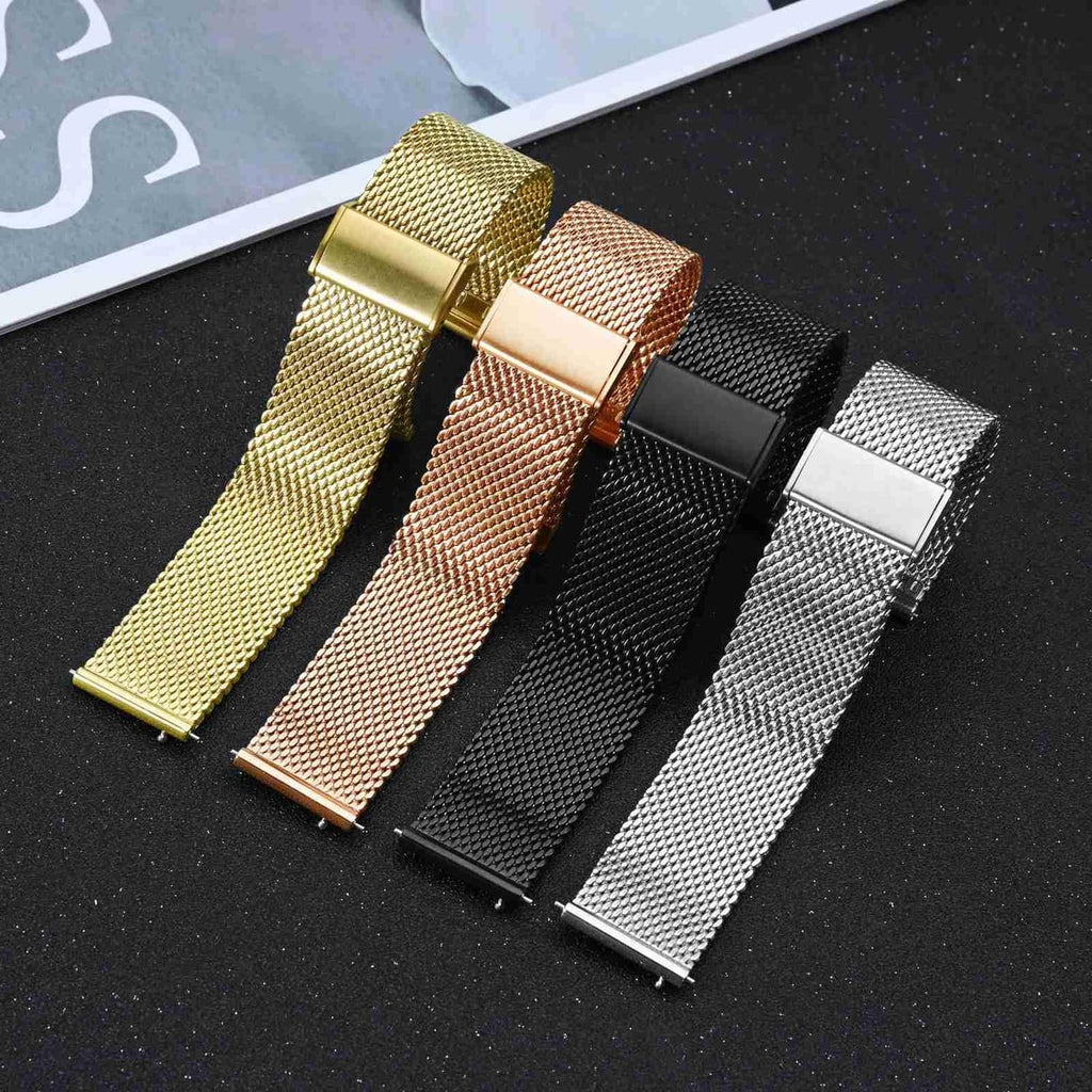 Metal mesh watch bands in gold, rose gold, black, and silver with clasps