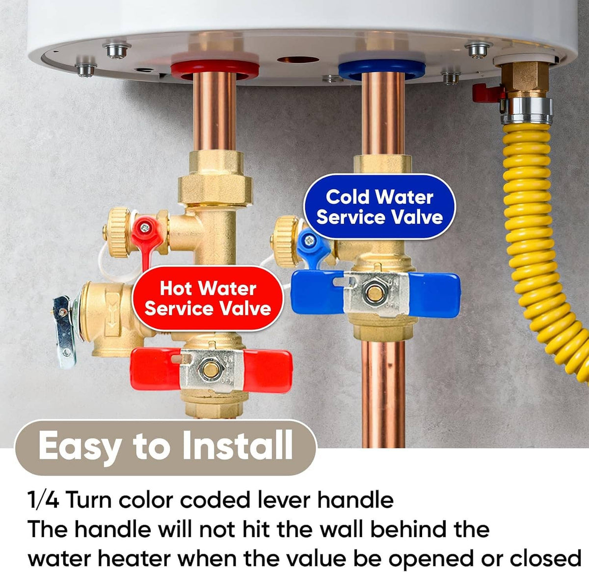 Brass hot and cold service valves on copper pipes with red/blue lever handles