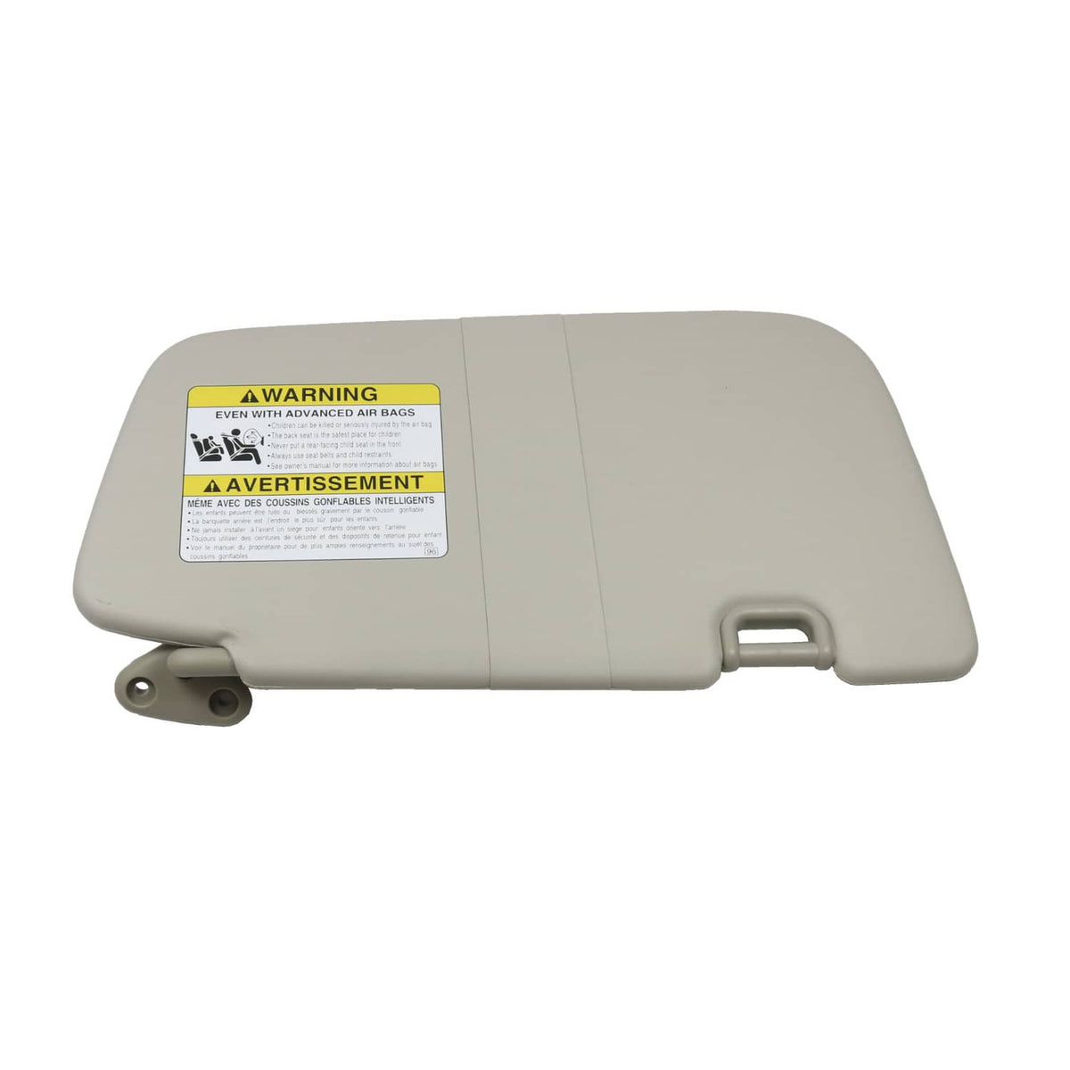 Light gray sun visor with warning label and side bracket mount