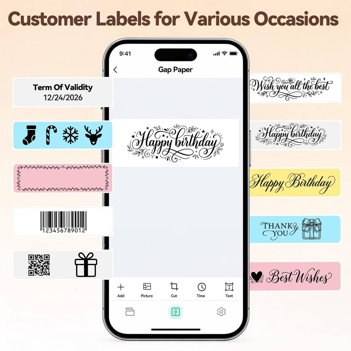 Smartphone app screen with assorted label designs and printable label strips