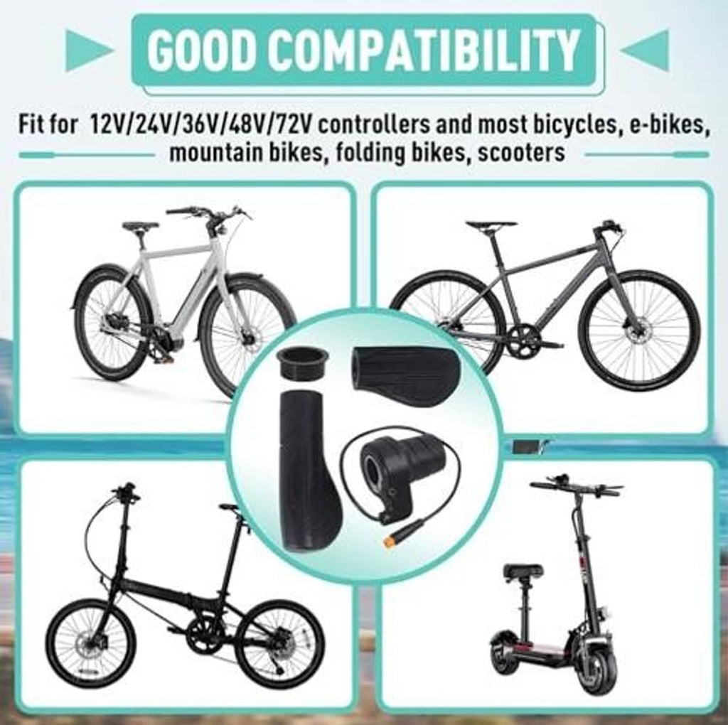 Black e-bike half-twist throttle grip and waterproof plug shown with included parts