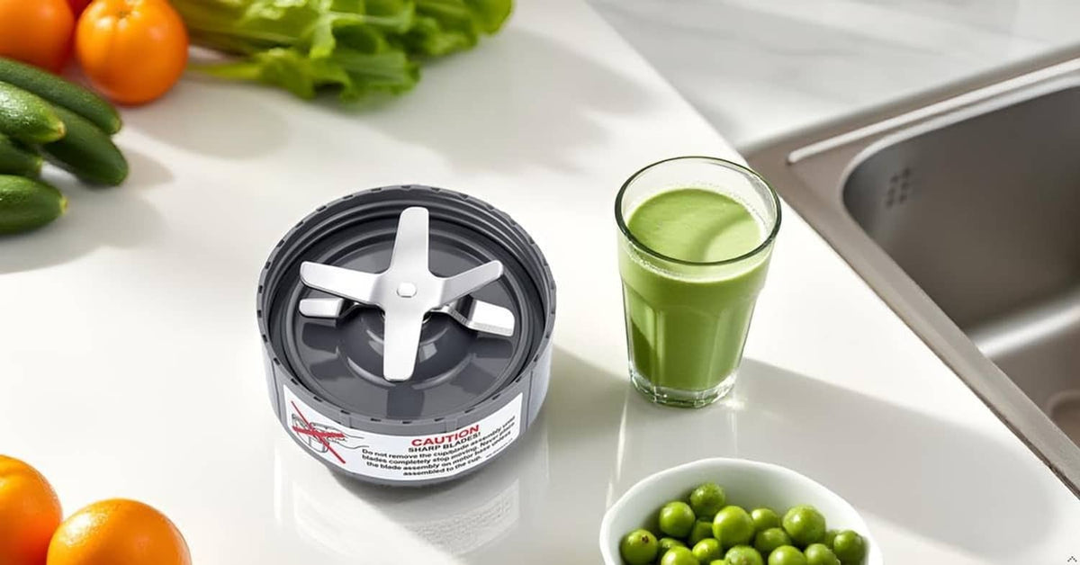 Extractor blade assembly with cross-shaped stainless blade, placed on countertop