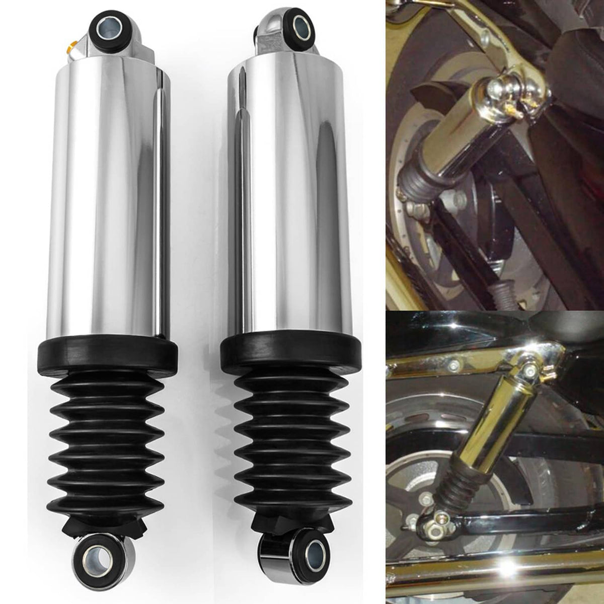 Pair of rear air shock absorbers with chrome body and black spring sleeves