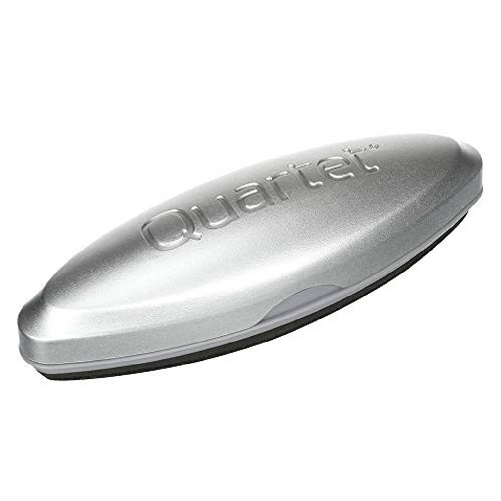 Magnetic dry erase eraser for whiteboards, silver-gray oval with logo edge