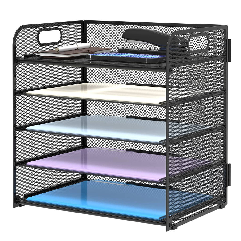 Black mesh 5-tier desk organizer tray with carrying handle and open front shelves.