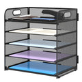 Black mesh 5-tier desk organizer tray with carrying handle and open front shelves.