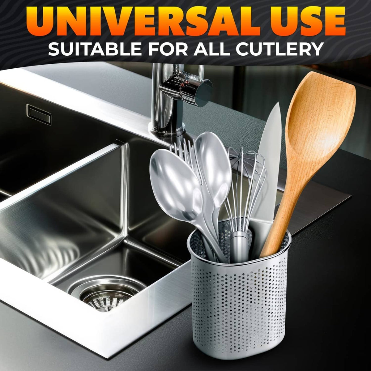 Stainless steel chopstick holder basket for utensils, perforated pattern, silver