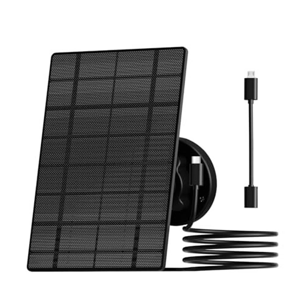Black solar panel with wall mount bracket, Type-C cable lead, and coiled wire