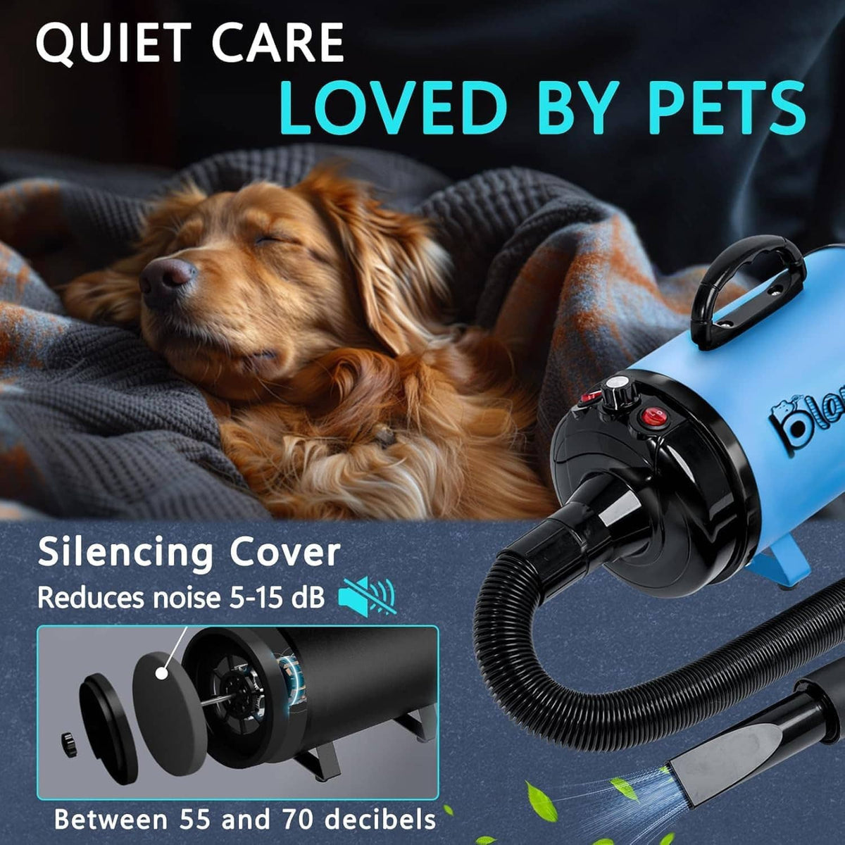 Brown dog resting with blue-and-black dog hair dryer on a grooming blanket