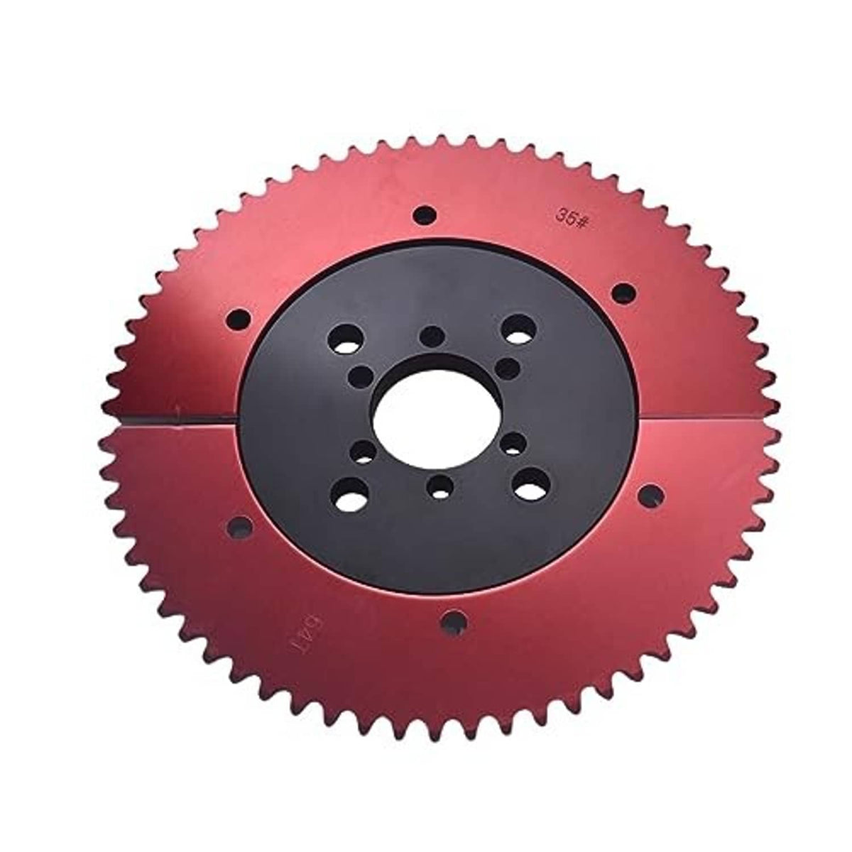 Red and black 64T sprocket wheel with ring teeth and bolt holes