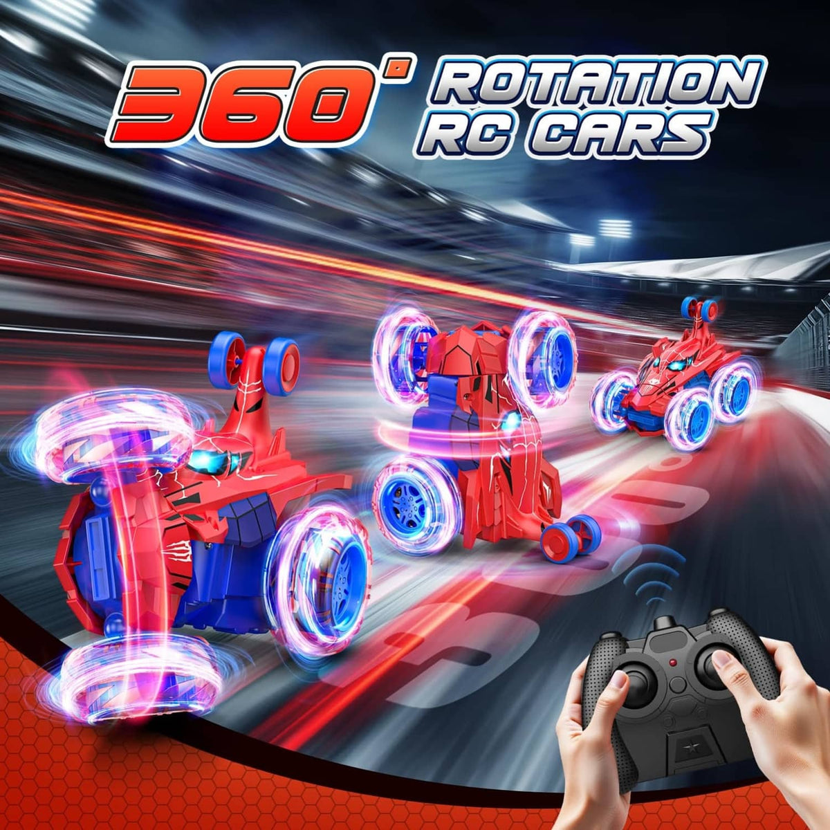 Red 4WD RC stunt car with spinning wheels and flashing blue LED lights
