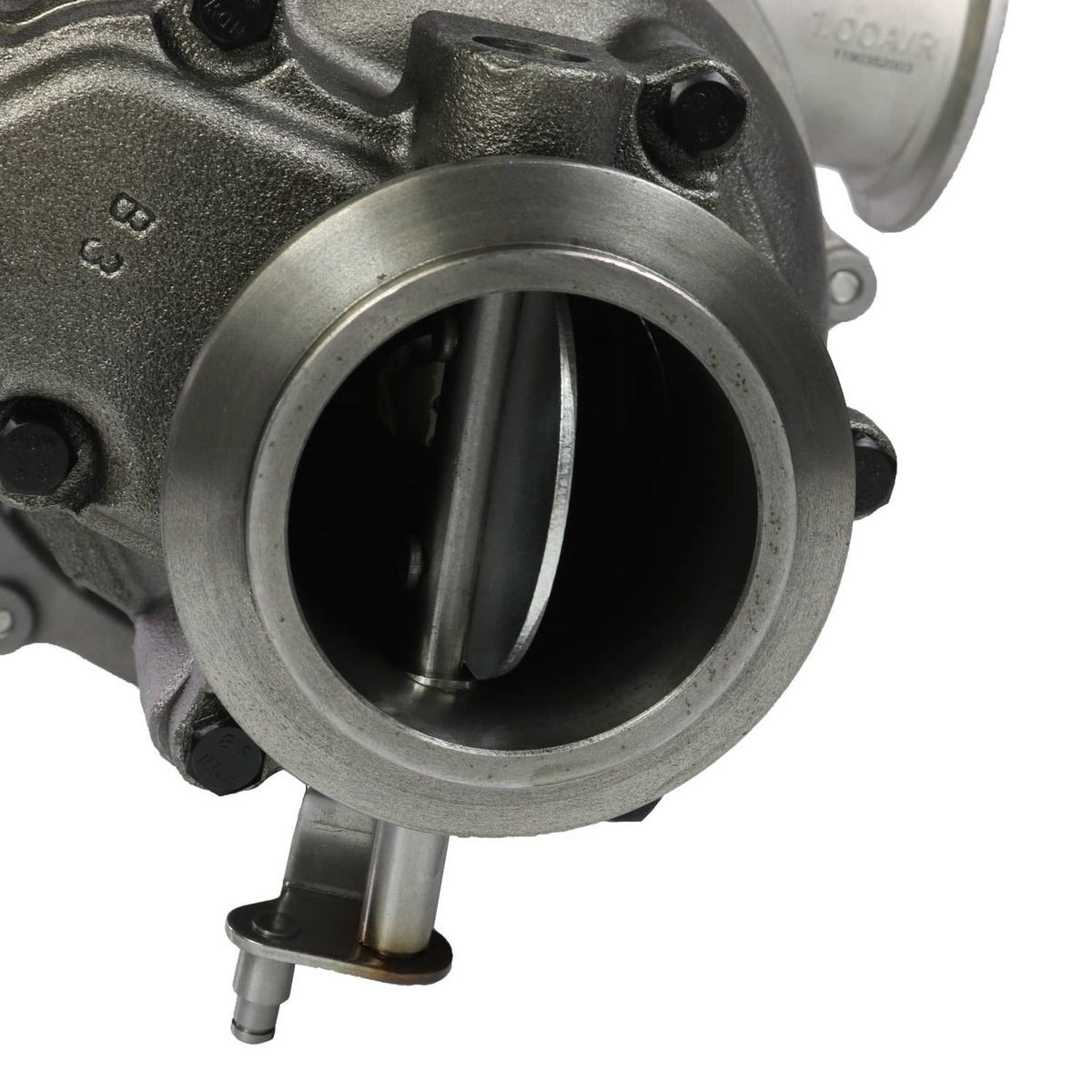 Turbocharger turbine housing with circular inlet and visible internal blades