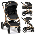 2-in-1 baby stroller with black bassinet and gold-tone frame, front and side view