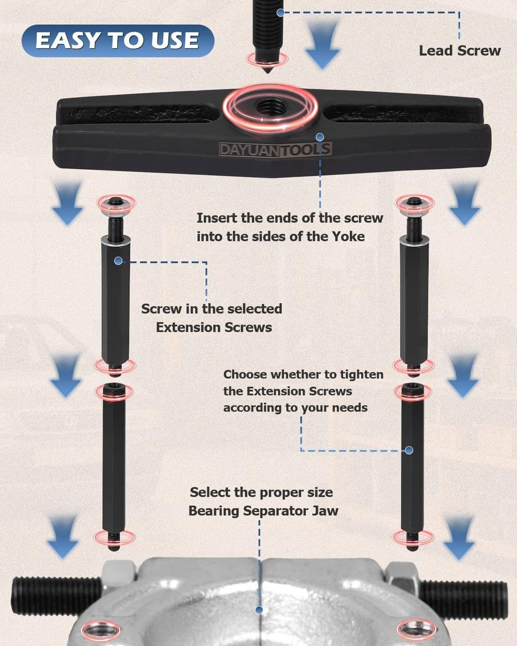 Step-style setup with bearing separator yoke, extension screws, selected jaw, and lead screw