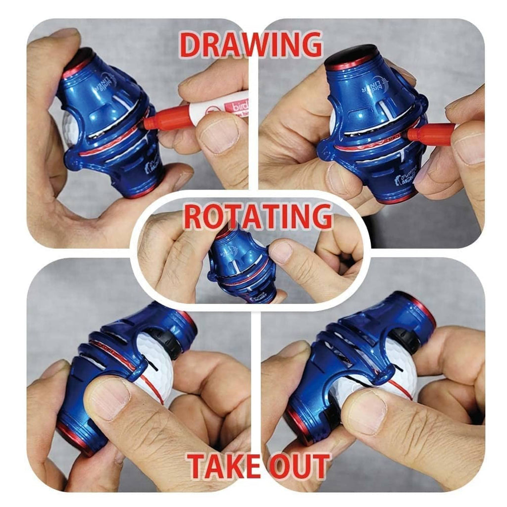 Blue rotating golf ball alignment marker tool in hand with red pen tip