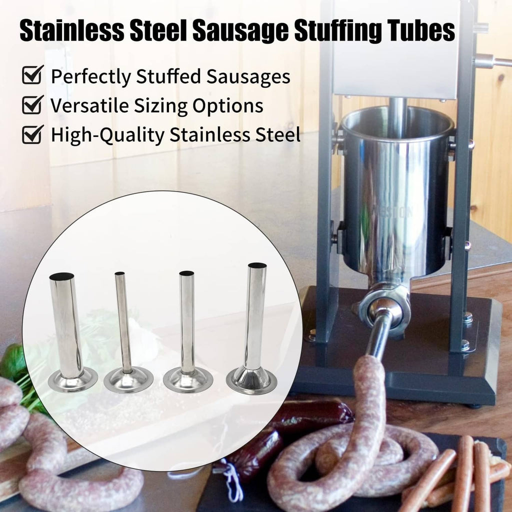 Stainless steel sausage stuffing tubes, four funnels with round bases for sausage filling