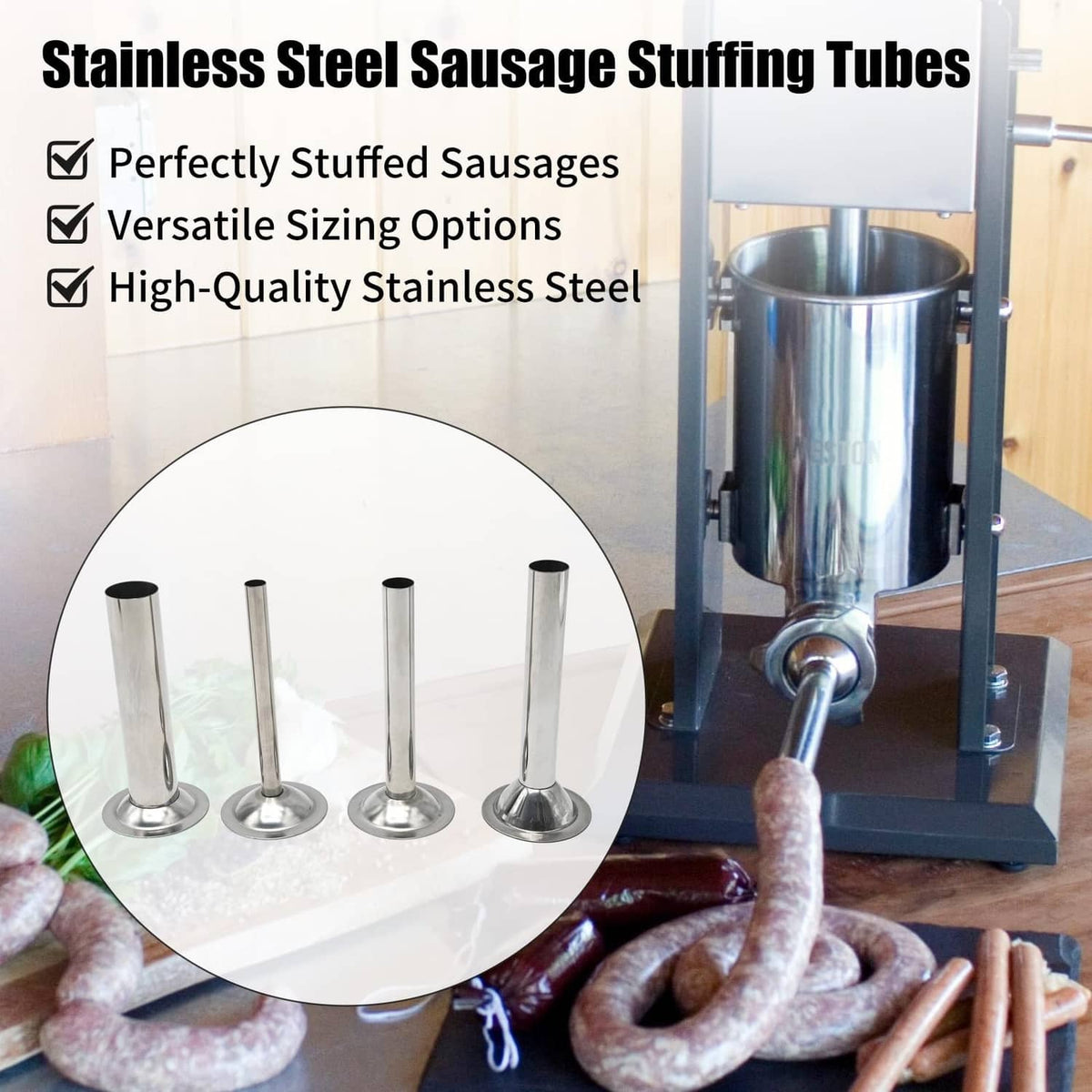 Stainless steel sausage stuffing tubes, four funnels with round bases for sausage filling