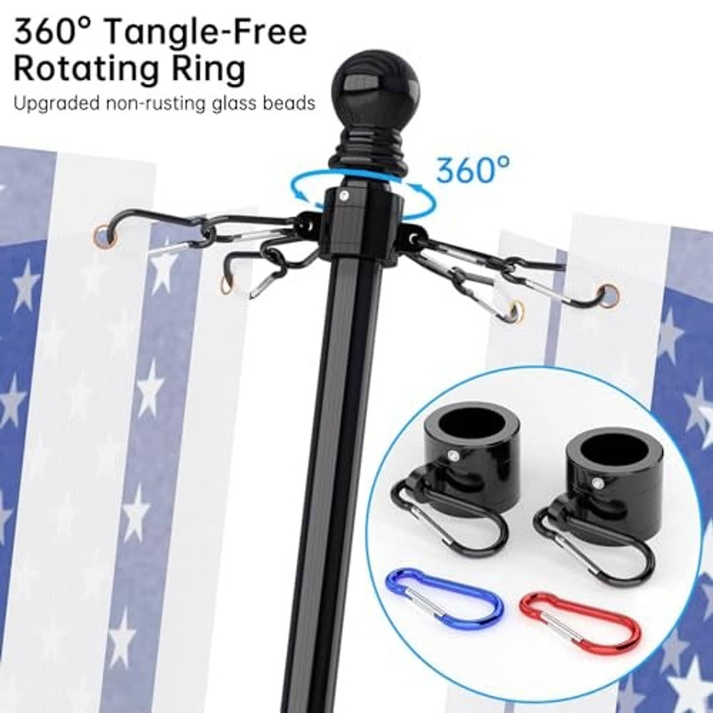 Black flag pole with 360° rotating ring and grommet ties for attaching a flag