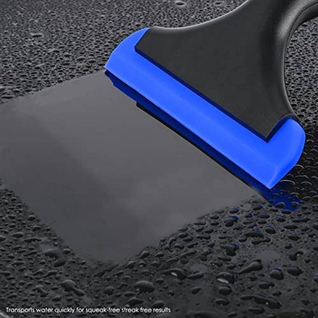Window squeegee with blue rubber edge on black body for wet glass