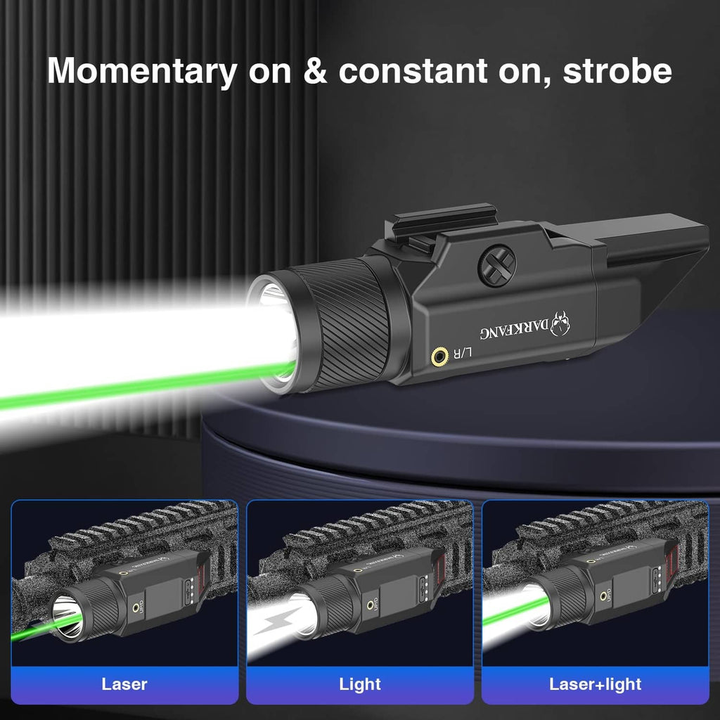 Black laser flashlight with green laser beam and illuminated front light