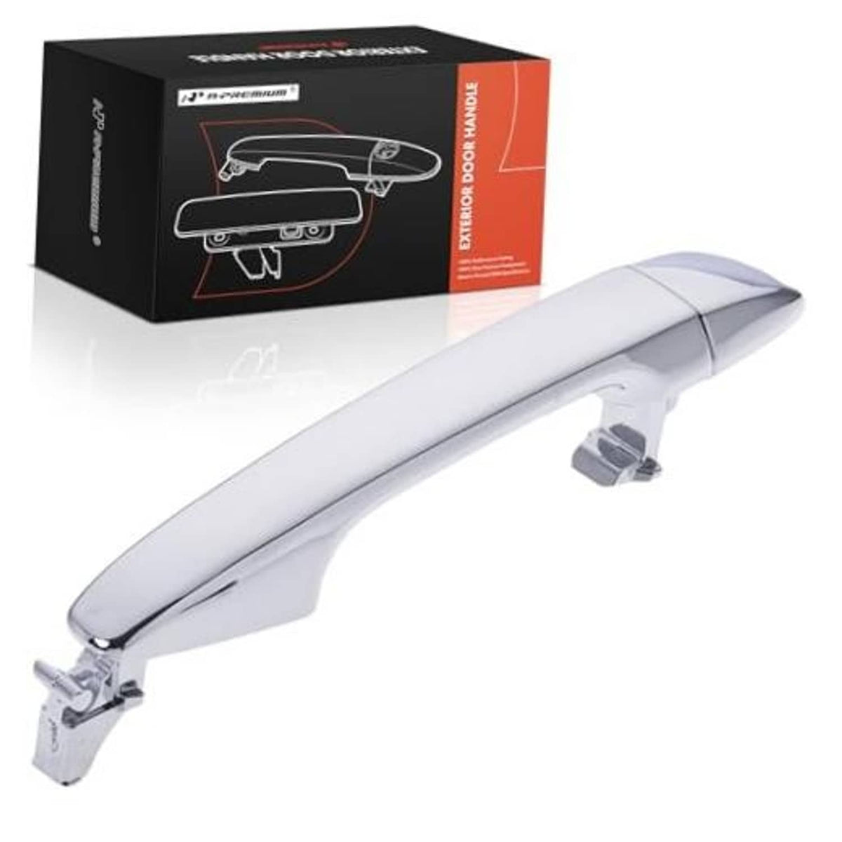 Chrome exterior door handle with mounting base, front right passenger side design.