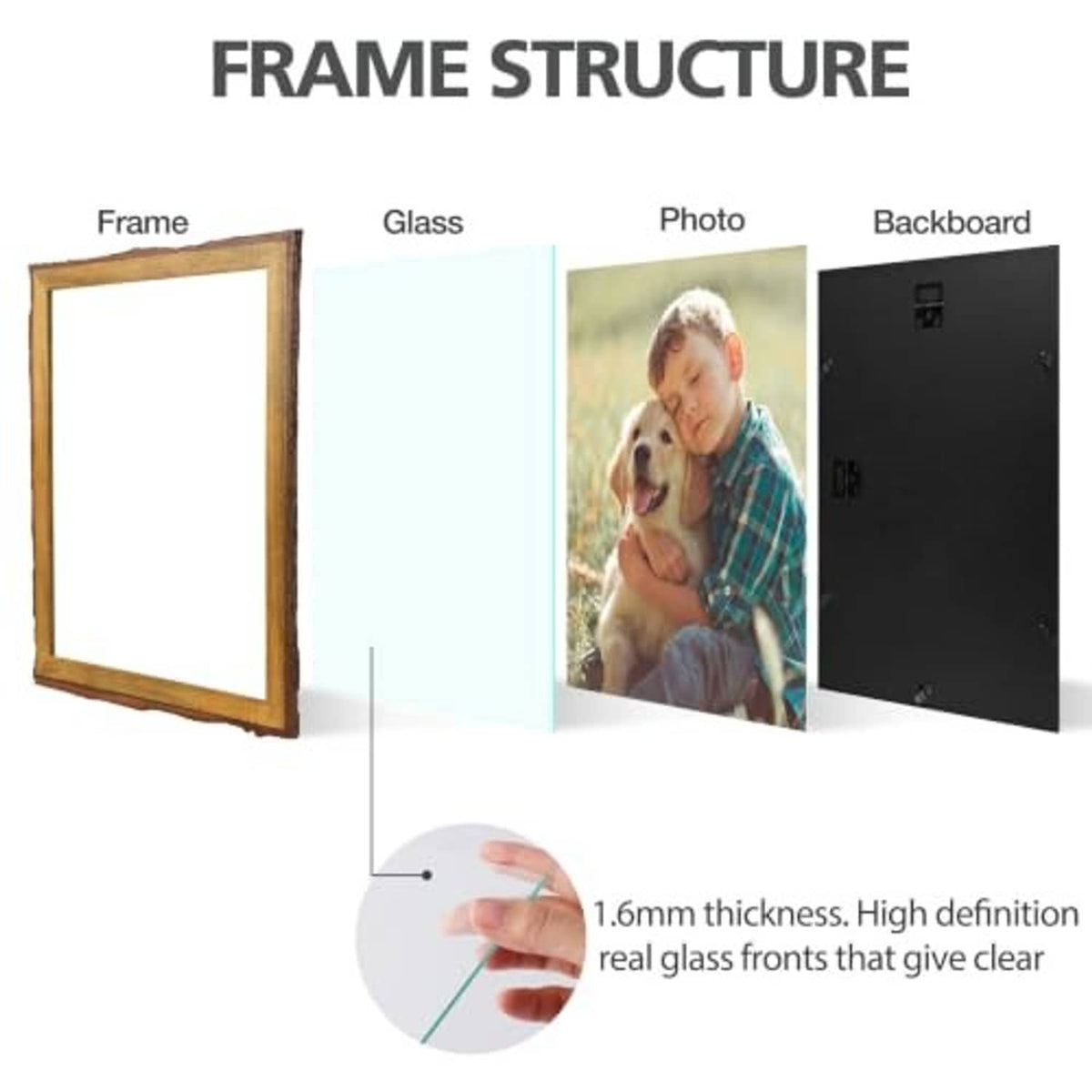 Open rustic wood picture frame showing glass panel and backboard, bark-edge detail
