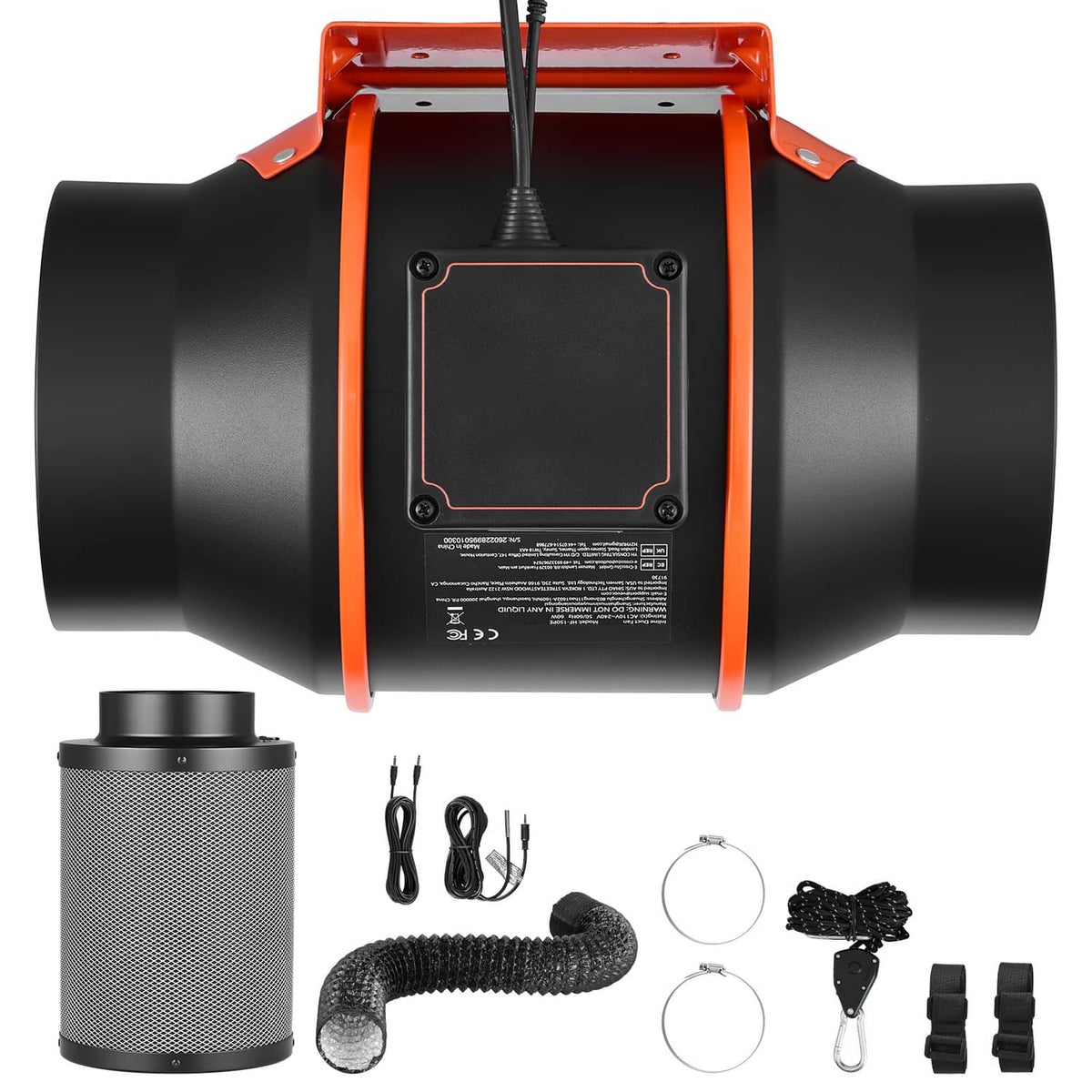Inline duct fan with black intake ports, orange frame, and bundled ducting and filters