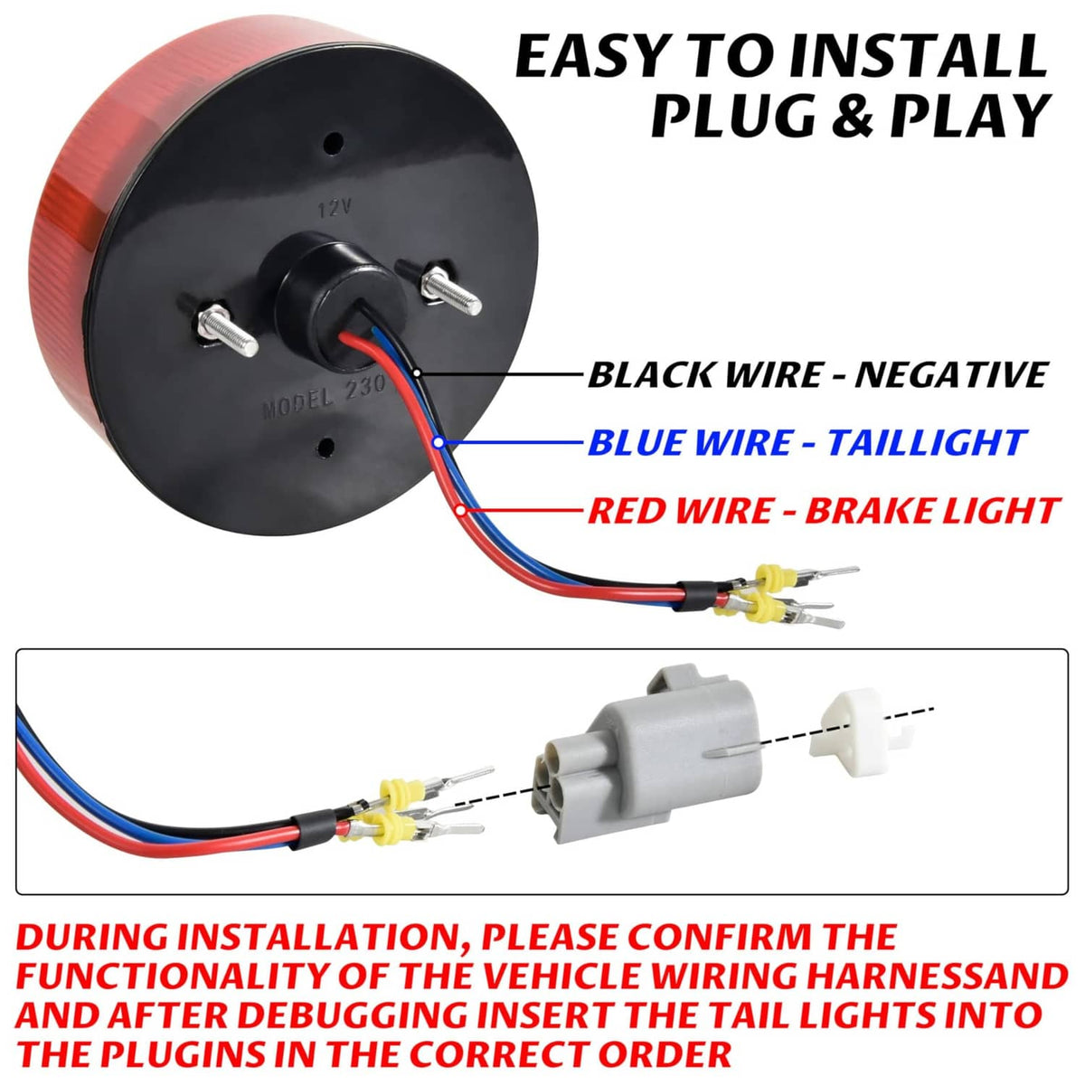Plug-and-play red LED tail light with black base and colored wire leads