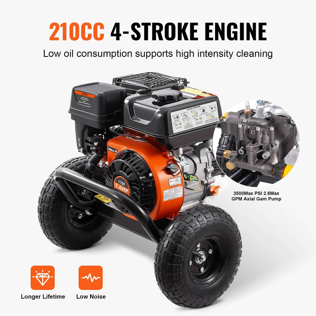 Orange and black gas pressure washer engine and pump unit with control panel