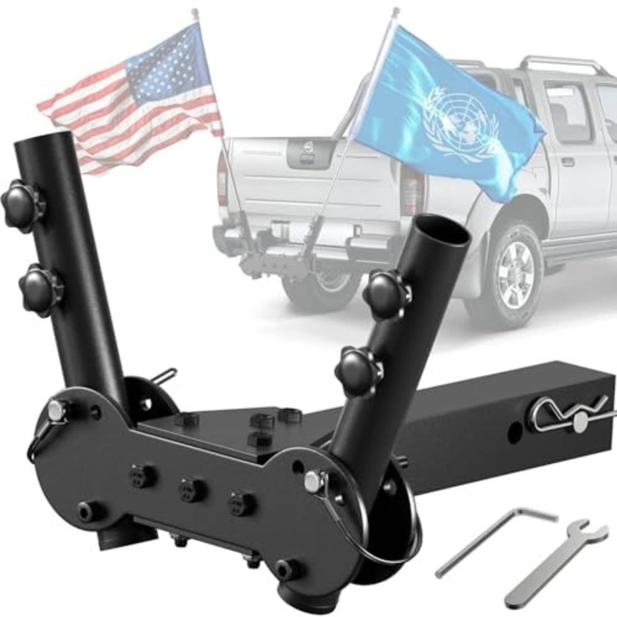 Black double hitch flagpole holder with two upright pole tubes and included locking pin
