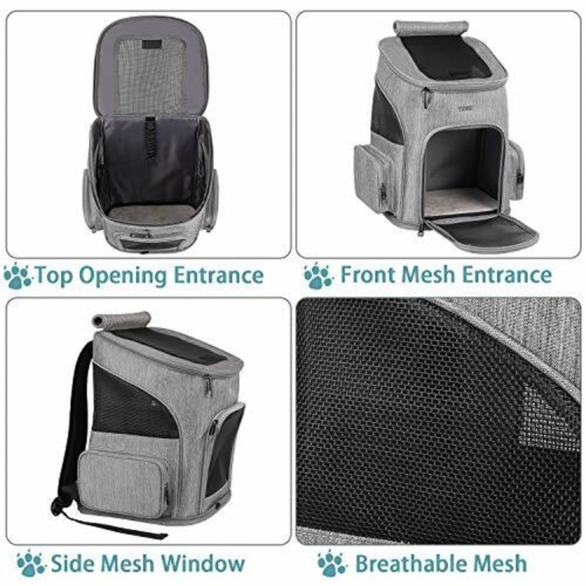 Gray pet backpack carrier with front mesh window and top opening, side mesh vents