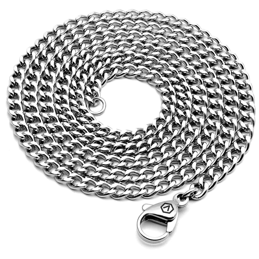 Stainless steel chain necklace with curb links and round lobster clasp, silver tone
