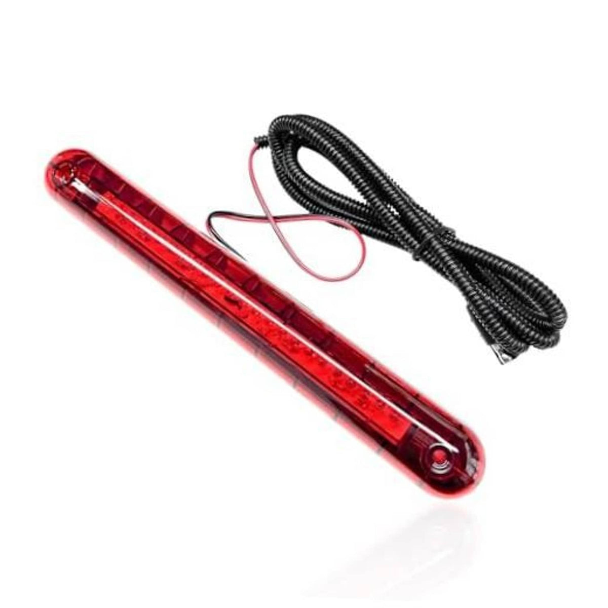 Red high-mount third brake light bar with clear lens and attached wiring harness