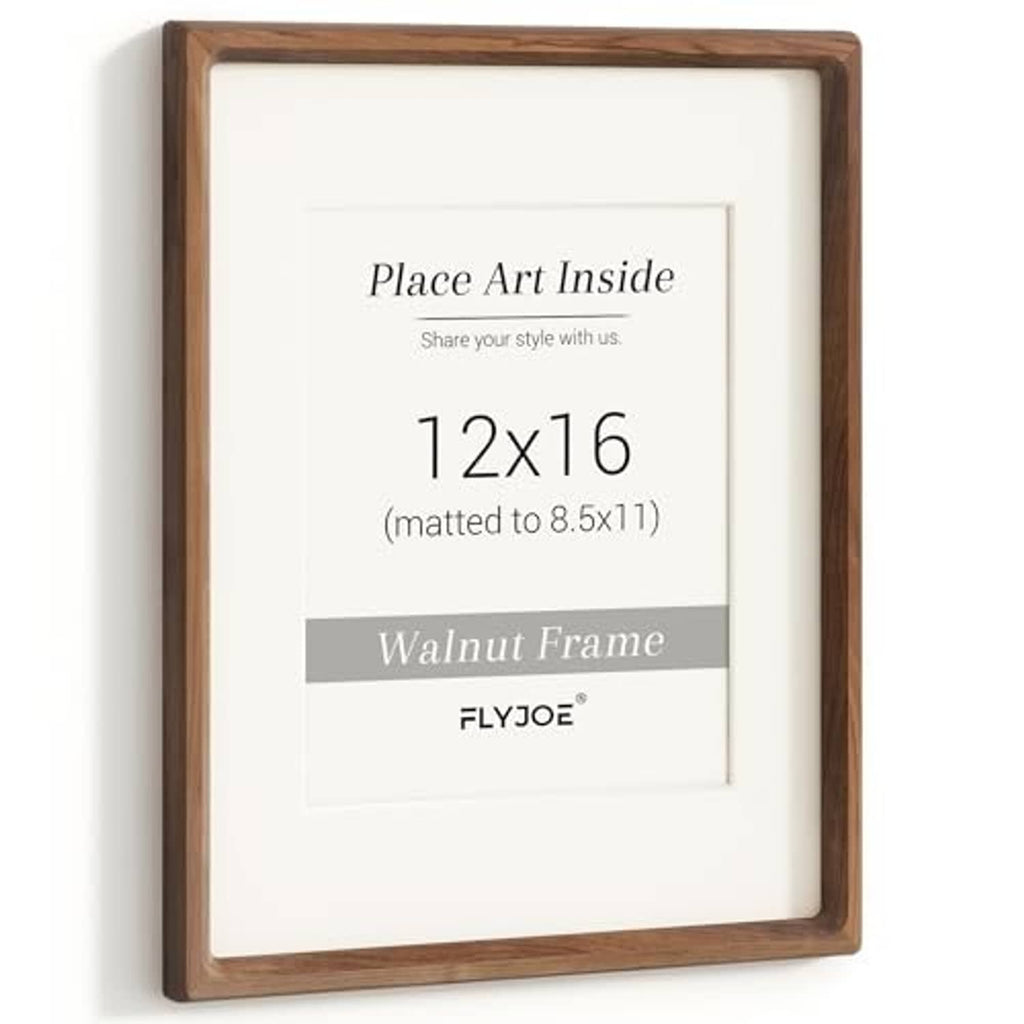 Walnut wood picture frame, front view with 12x16 opening and white mat