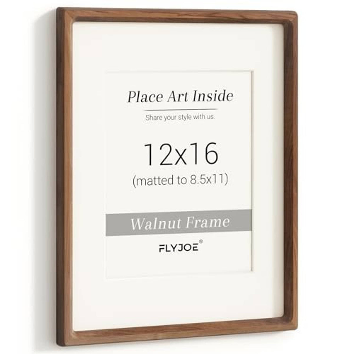 Walnut wood picture frame, front view with 12x16 opening and white mat
