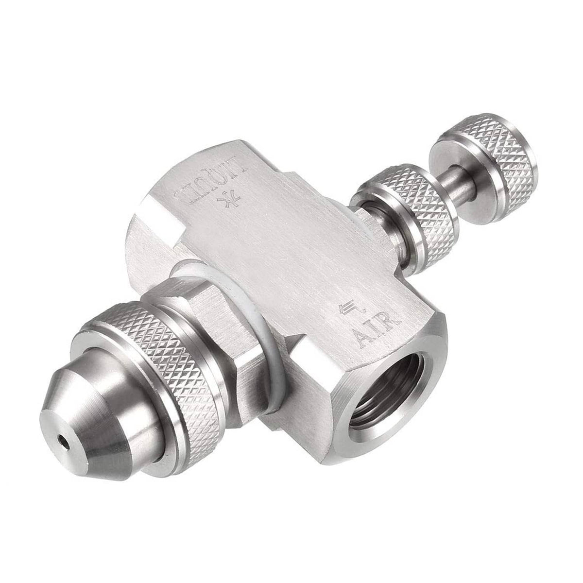 Metal air atomizing nozzle with textured grip ends and side outlet