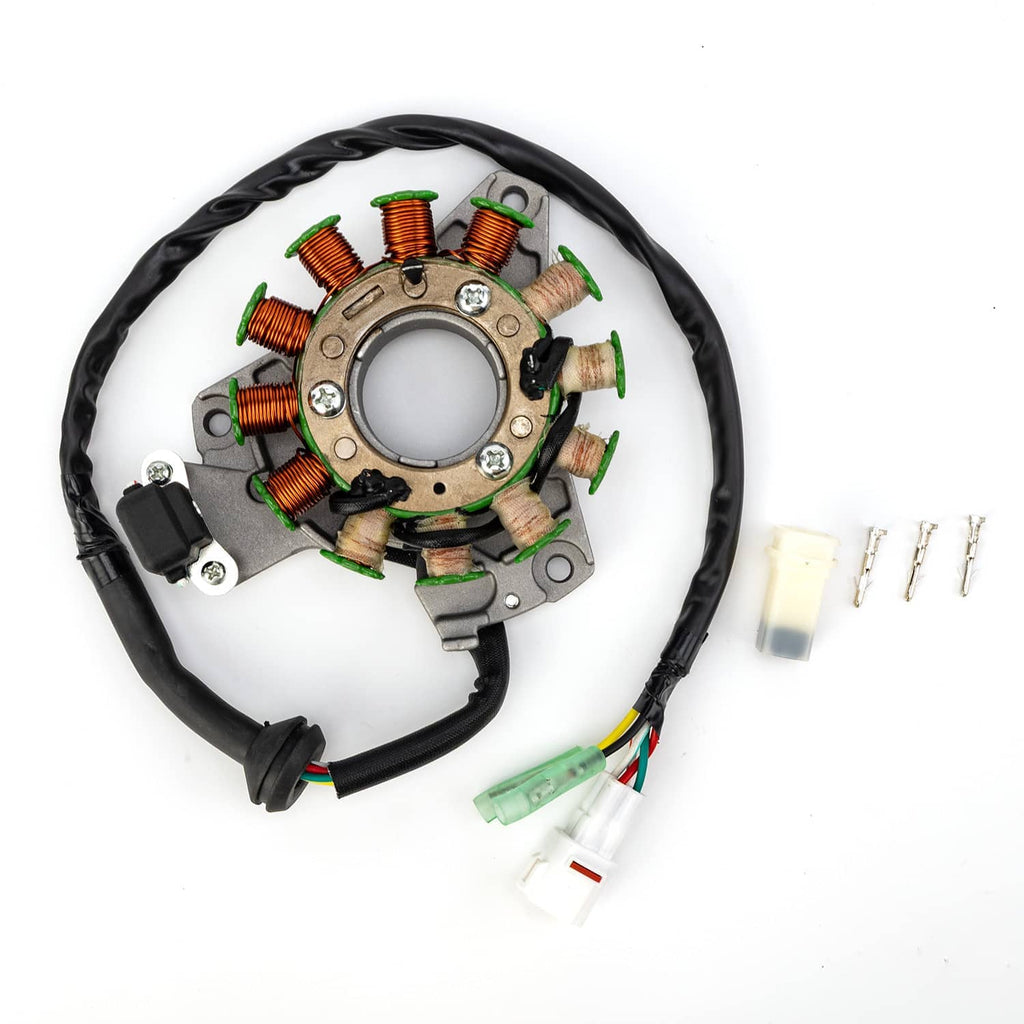 ATV stator magneto assembly with copper coils, wire harness, and spark plug-style leads