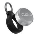 Black silicone keychain case with metal clip and round storage lid, CURVO logo