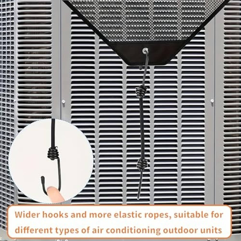 AC cover securing system with elastic ropes and wide hooks for outdoor units