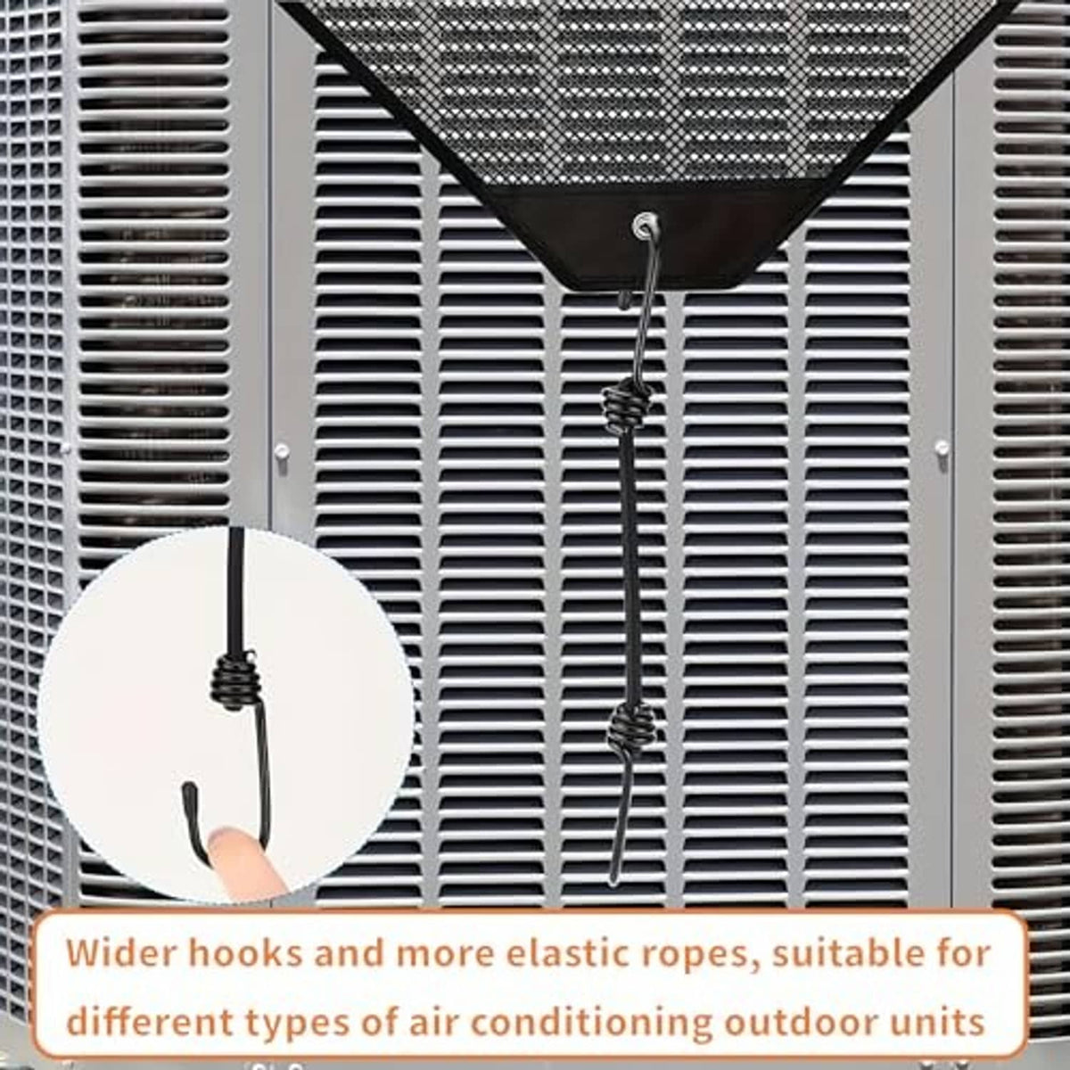AC cover securing system with elastic ropes and wide hooks for outdoor units