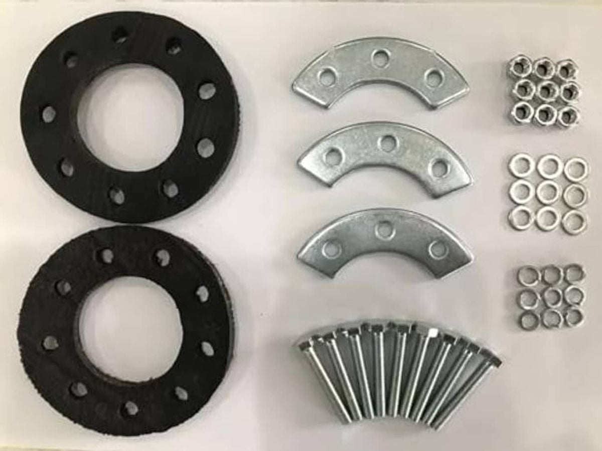 Pair of black and steel mounting rings with three metal clamp brackets and bolt hardware