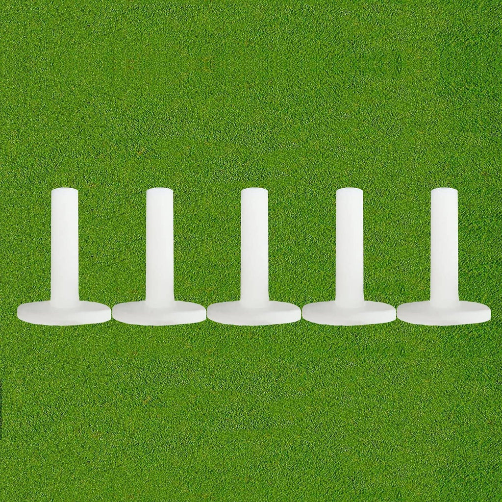 White rubber golf tees, 3.13 in height, five-pack on green grass background