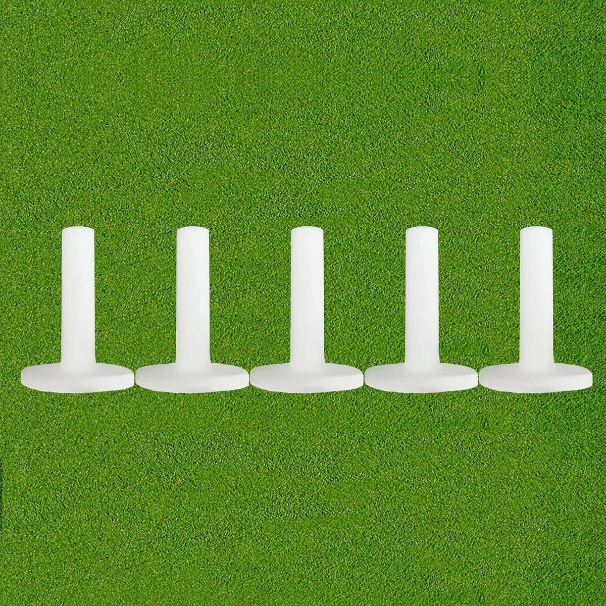 White rubber golf tees, 3.13 in height, five-pack on green grass background