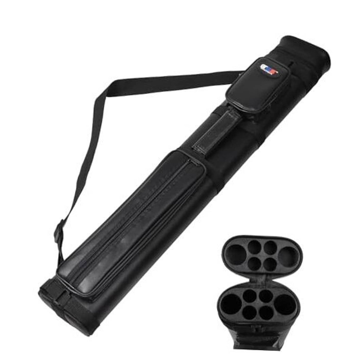 Black hard billiard cue case for two sticks with shoulder strap and two internal sleeves
