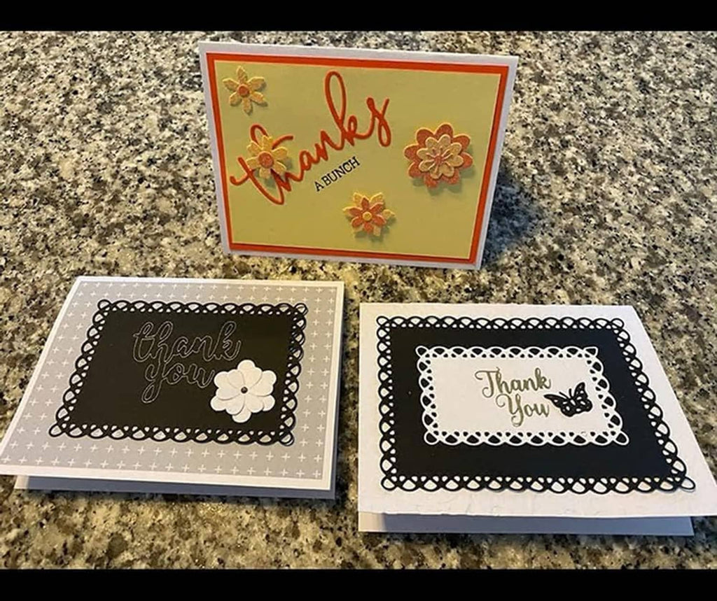 Black and white thank you cards with scalloped rectangle frame die borders