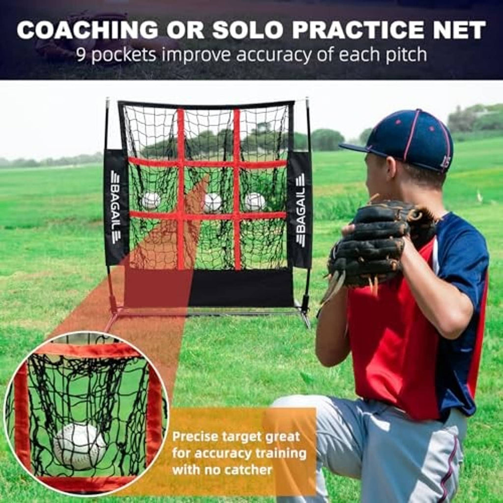 Coaching pitching target net with black frame, white mesh, and red 9-zone grid