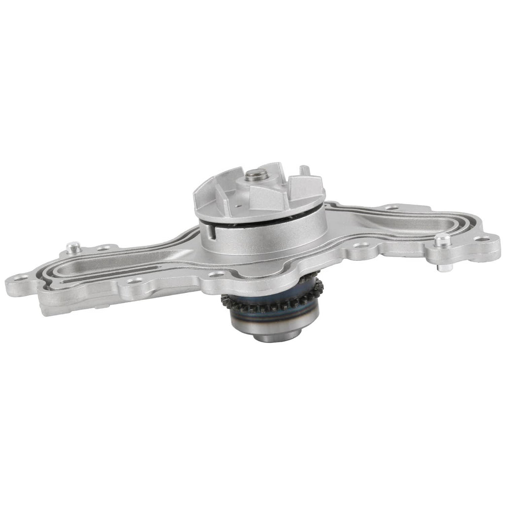 Water pump assembly, side view with toothed pulley and mounting bolt holes.