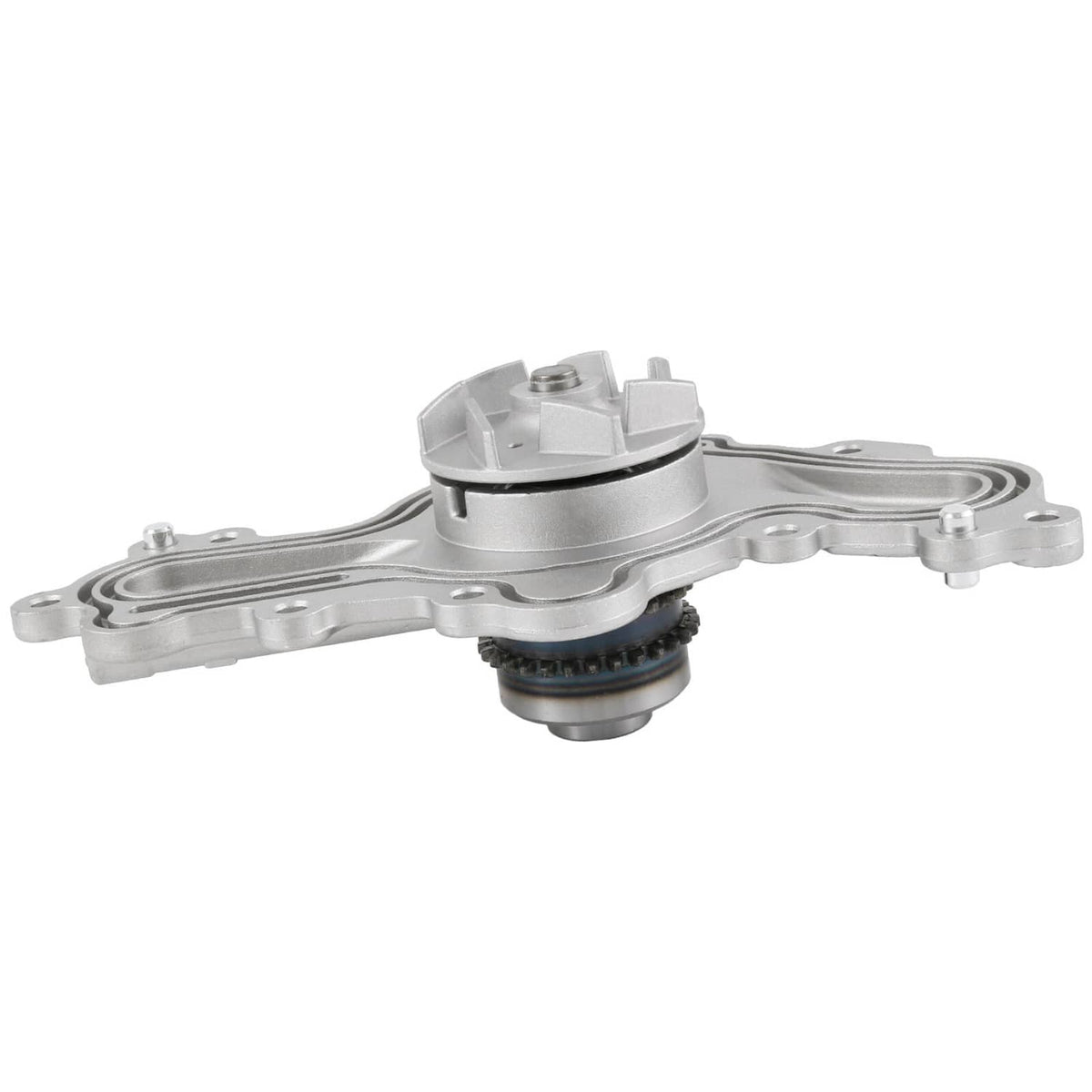 Water pump assembly, side view with toothed pulley and mounting bolt holes.